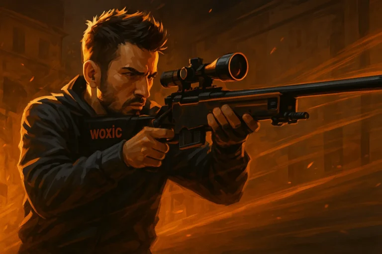 Stylized dark-themed illustration of CS2 AWPer woxic holding AWP, glowing orange highlights